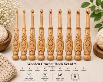 Hand Carved Wooden Crochet Hook Set of 9, Sheesham Wood Crochet Needles, Floral Carved Handles, 4mm to 12mm Handmade Fiber Art Tools