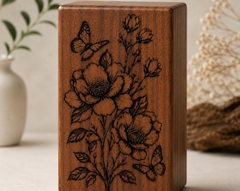 Floral Carved Wooden Cremation Urn for Human Ashes, Personalized Memorial Urn Box, Handmade Sheesham Wood Funeral Urn, Butterfly Keepsake