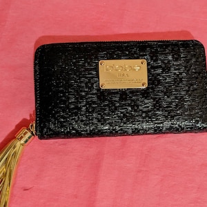 Bebe Vegan Black Gold Tassel Zip Around Wallet Organizer Clutch - DISPLAY