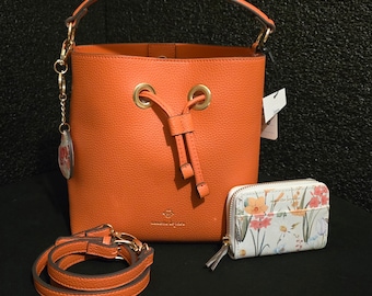 Nanette Lapore Vegan 2-Way Orange Bucket Tote Shoulderbag Crossbody with Match Wallet