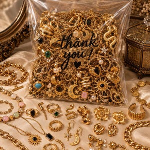 Peut inclure: Un sachet en plastique transparent rempli de bijoux dorés assortis, incluant des chaînes, des bagues et des breloques, avec le texte thank you et un cœur. Autour du sachet se trouvent divers colliers, bagues et boucles d'oreilles dorés.