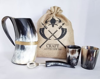 Authentic Viking Horn Mug Set | Mead Tankard, Shot Glasses, Opener