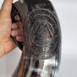 Viking Drinking Horn Mug 300 to 400 ml Capacity Valknut Carving with Jute Burlap 2 Horn Shot Glass & Horn handle Bottle Opener Made In INDIA
