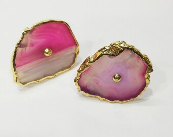 Solid Pink Agate Knobs, Golden Edge Drawer Pulls (Set of 6)