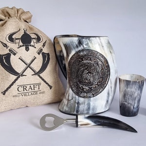 Viking Drinking Horn Mug 300 to 400 ml Capacity  Fenrir Carving with Jute Burlap 2 Horn Shot Glass & Horn handle Bottle Opener Made In INDIA