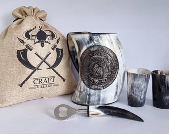 Fenrir-mokkenset met gesneden Viking-hoorn: opener en borrelglaasjes