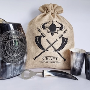 Viking Drinking Horn Mug 300 to 400 ml Capacity  Skull Carving with Jute Burlap 2 Horn Shot Glass & Horn handle Bottle Opener Made in India