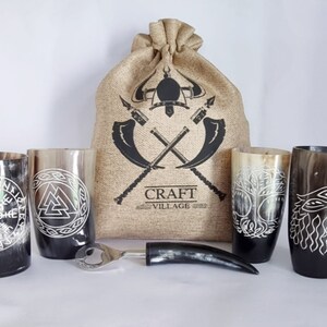Viking Horn Drinking Glass Set: Carved Mead Goblets, Bottle Opener