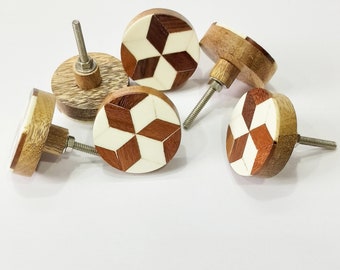 Wooden Resin Knobs Brown and White Round Wooden Drawer Knobs Cabinet Knobs Dresser Pulls(Set of 6)