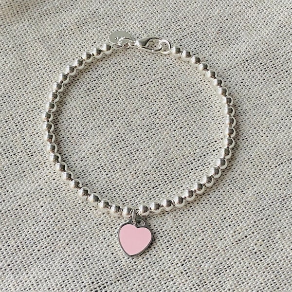 Sterling Silver 925 Pink Heart Tag Beaded Bracelet 4mm