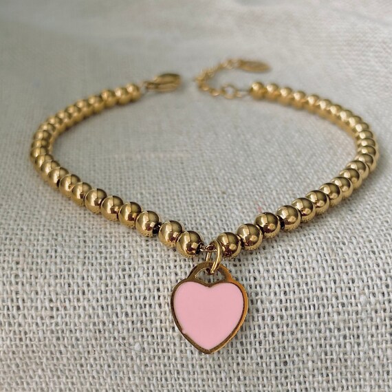 Pink heart tag bead bracelet deals