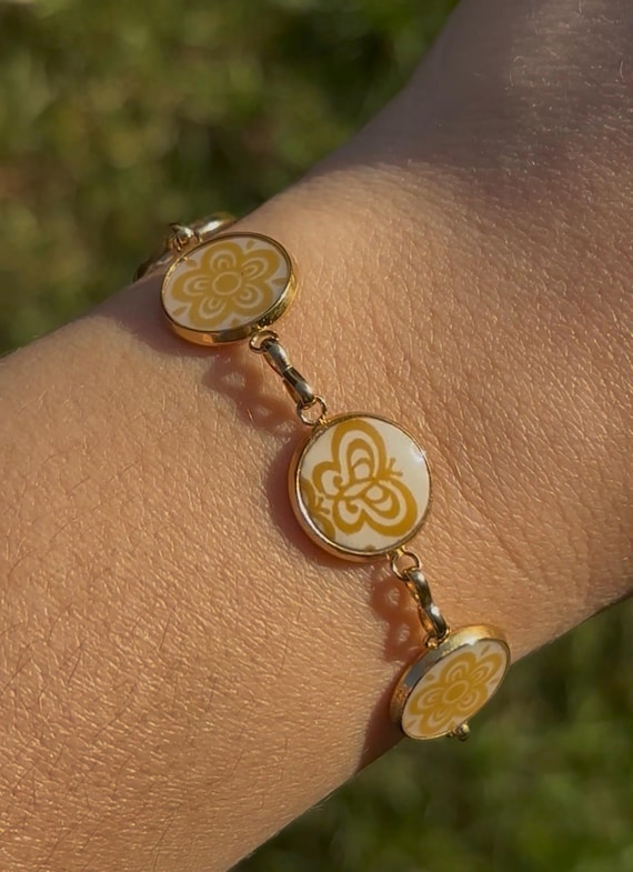 Butterfly Gold Corelle Charm Bracelet | Handmade Vintage Broken China Jewelry
