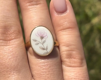 Pink Daisy Ring Adjustable | Handmade Vintage Bone China Jewelry