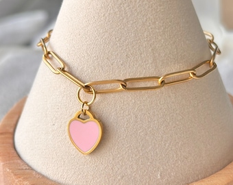 Gold Paperclip Bracelet | Pink Heart Charm Bracelet