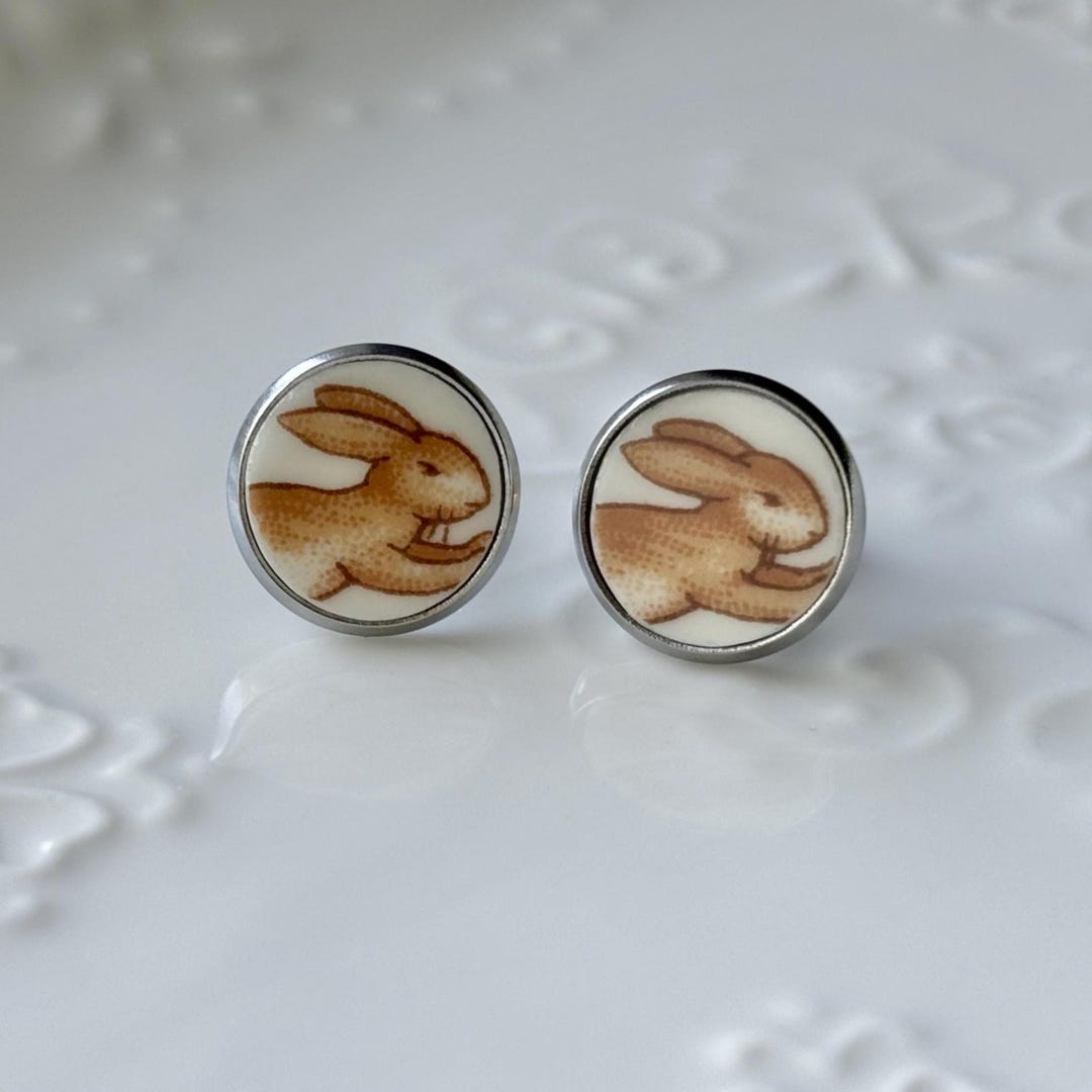 Bronze Rabbit Earring Rabbit Earring Studs in Silver | Bunnykins | Handmade Broken China ...