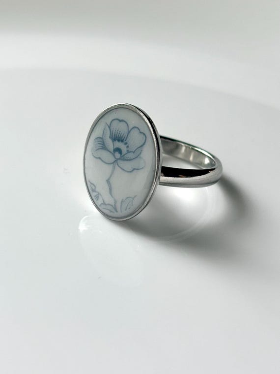 Blue Rose Ring Adjustable | Handmade Vintage Bone China Jewelry