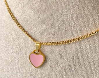 Pink Heart Charm Necklace Gold