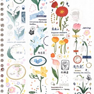 May include: A sheet of colorful washi tape featuring illustrations of various flowers, including freesia, campanula, snowdrops, and poppies. The tape is decorated with stars, hearts, and other decorative elements. The text "return of happiness" and "spring" are also included on the tape.