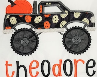 Embroidered Kids Halloween Shirt, Monster Truck with Pumpkin, Personalized Fall Outfit