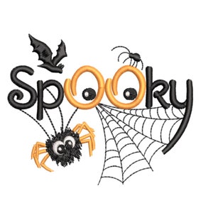 May include: Spooky Halloween embroidery design featuring a spider web, two spiders, a bat, and the word "Spooky" with googly eyes.