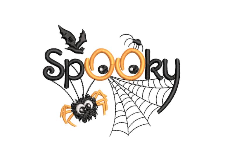 May include: Spooky Halloween embroidery design featuring a spider web, two spiders, a bat, and the word "Spooky" with googly eyes.