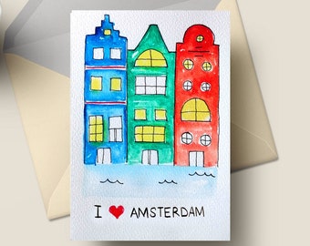 Carte d'Amsterdam faite main, carte de voeux aquarelle art canal, souvenir de voyage aux Pays-Bas, carte de correspondance paysage urbain artistique, intérieur vierge