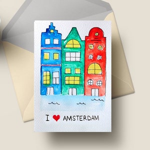 Tarjetas hechas a mano de la ciudad de Ámsterdam, postales holandesas, me encantan las tarjetas de felicitación de Ámsterdam, tarjetas de amistad del canal de la casa, arte de acuarela original