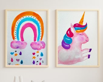 Aquarelle personnalisée licorne, décoration arc-en-ciel pour chambre de bébé