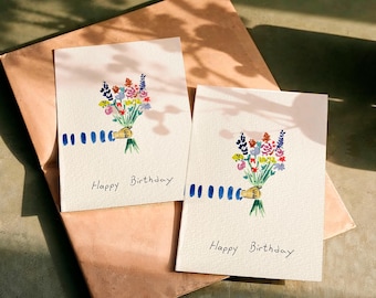 Carte d'anniversaire florale faite main pour elle | de voeux fleur aquarelle | Carte d'anniversaire botanique unique | Élégante carte cadeau faite main