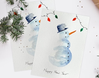 Carte de Noël bonhomme de neige aquarelle faite main, cadeau drôle de nouvel an
