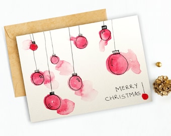 Ensembles de cartes de boules de Noël à l’aquarelle, ensemble de cartes de Noël originales faites à la main, cadeau du Nouvel An, collection de boules de Noël, cartes de Noël, carte postale de Noël