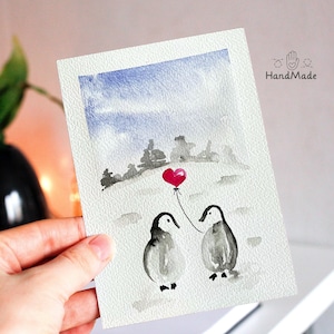 Tarjeta de amor de pingüino (hecha a mano) - Tarjetas de "Te amo" - Regalo de "Te amo" de pingüino - Tarjeta romántica de aniversario para novia o novio - Linda tarjeta de amor