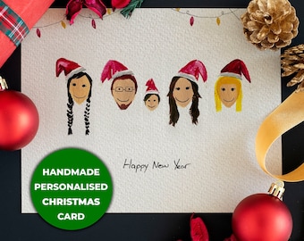 Carte de Noël de famille personnalisée, portrait aquarelle fait main