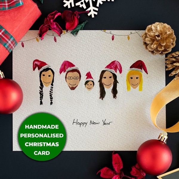 Personalisierte Familien-Weihnachtskarte, Original handgemachte Noel-Karte, Neujahrsgeschenk, handgemachte Weihnachtspostkarten, personalisiertes Familienporträt