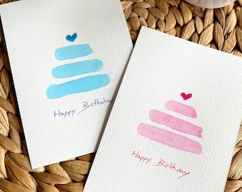 Carte d'anniversaire aquarelle faite main, conception de gâteau minimaliste