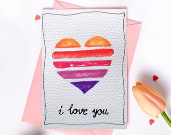 Carte d'anniversaire coeur aquarelle avec étiquette cadeau voeux romantiques faits main