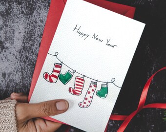 Ensemble de cartes de Noël aquarelles faites main, conception de chaussettes de Noël