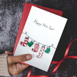 Biglietti di Natale ad acquerello con calzini di Natale, set di biglietti di Natale ad acquerello fatti a mano originali, regalo di Capodanno, biglietti di auguri, auguri di Natale