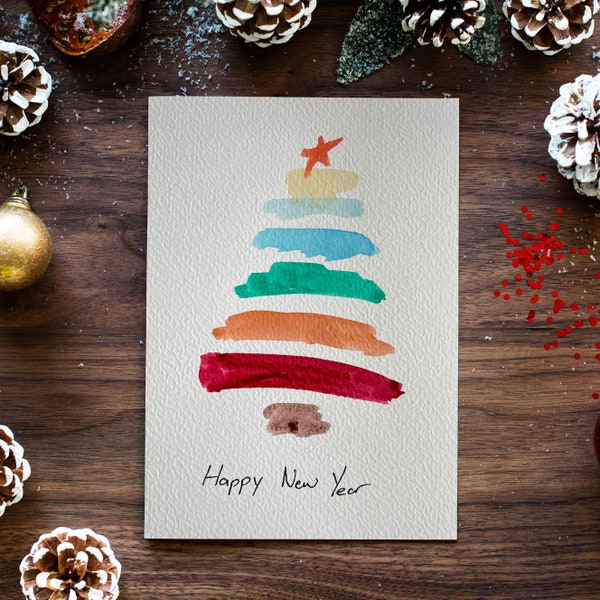 Cartes d’arbre de Noël faites à la main, ensemble original de cartes de Noël à l’aquarelle, cadeau du Nouvel An, cartes postales de Noël faites à la main, cartes de vacances,