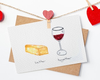 Carte de Saint-Valentin vin et fromage amitié drôle aquarelle