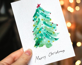 Jeu de Cartes Sapin Noël aquarelle fait main pour voeux de Noël