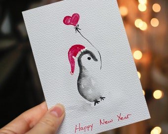 Cartes de Noël faites main pingouin, lot de cartes de Noël aquarelle originales, cadeau de nouvel an, cartes postales de Noël faites main, cartes de voeux de nouvel an
