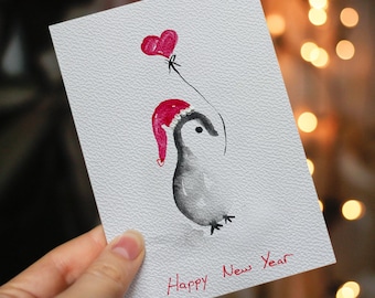 Jeu Cartes Noël Aquarelle Pingouin Fait Main Voeux Nouvel
