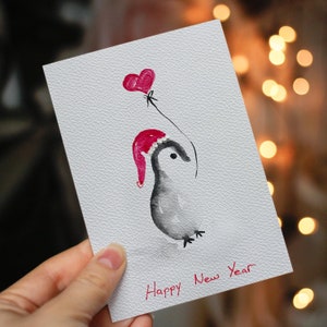 Cartões de pinguim de Natal feitos à mão, conjunto original de cartões de Natal em aquarela, presente de ano novo, cartões postais de Natal feitos à mão, cartões de felicitações de ano novo