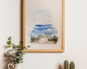 Aquarelle bord de mer - oeuvre d'art nautique originale - format A5