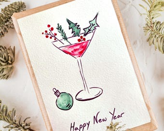 Carte Noël cocktail aquarelle fait main pour les voeux de Noël