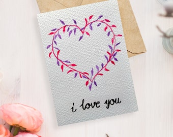 Carte de Saint Valentin coeur aquarelle Carte d'anniversaire faite main avec étiquette cadeau