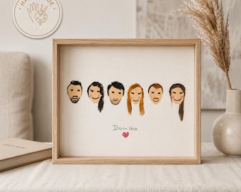 Cadeau personnalisé fait main pour les parents, illustration de famille dessinée à la main personnalisée, art unique du portrait pour la fête des pères