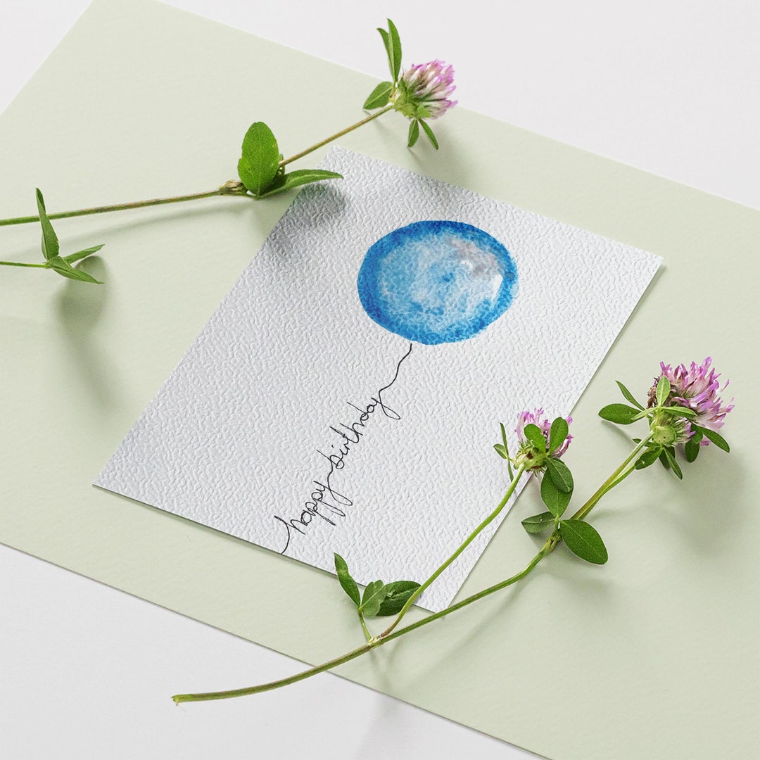 Handmade Watercolor Birthday Card Blue Balloon Greeting - Etsy
