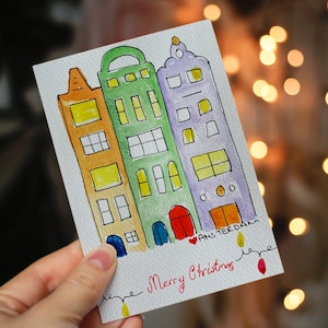 Aquarel Amsterdam handgemaakte kerstkaarten, originele Amsterdam House Art, Noel ansichtkaart, nieuwjaarscadeau, wenskaart, kerstmis, Nederland